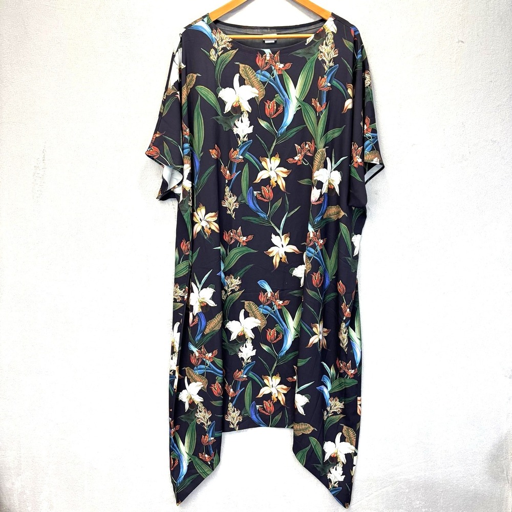 Chico's 3 Tropical Orchid Dress Womens XL 16/18 Navy Sharkbite Floral Oversized